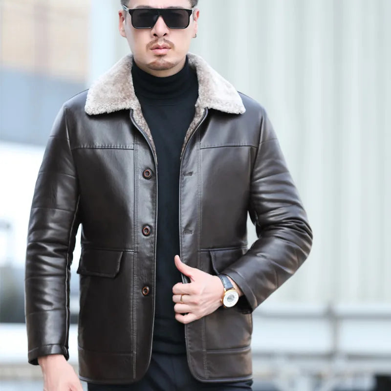 Men's Fleece-lined Cotton Casual Jacket Winter Lapel Single